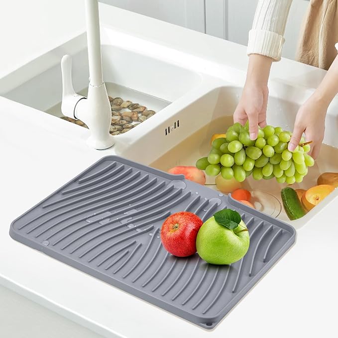 TIKNIK Silicone Dish Drying Mat, Stone Drying Mat for Kitchen Counter with Built-In Drain, Non-Slip Drain Pad with Built-in Drain, Heat Resistant Stone Drying Mat, Hangable, Grey-1pcs, 16" x 12" - Image 6