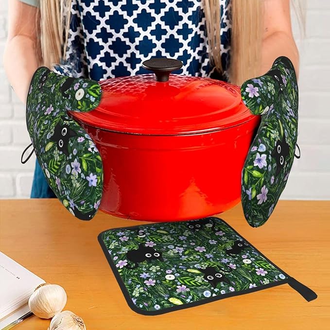 Spring Funny Black Cat Hot Pads and Oven Mitts Heat Resistant,Green Oven Gloves Pot Holders Set for Cooking Baking Grilling BBQ,Cute Cat Lover & Baking Gifts for Women