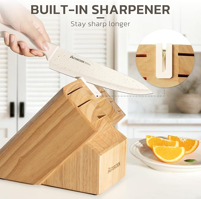 Astercook Knife Set, 15 Pieces Kitchen Knife Set with Sharpener Block, German Stainless Steel Knives Set with Anti-Rust Coating, Dishwasher Safe Elegant Cream White Knife Block Sets, Mothers Day Gifts - Image 8