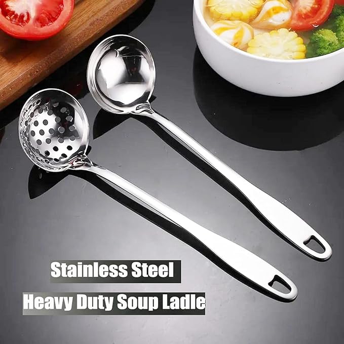 Soup Spoon Stainless Steel Heavy Duty Big Soup Ladle Colander Serving Spoon with Attractive Mirror Finish, Perfect for Hotpot Stirring, Serving Soup, Deep Wide Enough 2PCS (Soup Spoons - 12") - Image 5