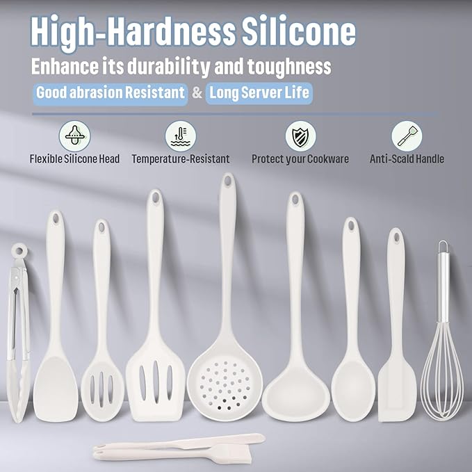 Silicone Kitchen Utensils Set, E-far 23 Pcs White Cooking Utensils Tools with Holder for Nonstick Cookware, Include Spatula/Spoon/Ladle/Tongs/Turner, Heat Resistant & Nontoxic, Dishwasher Safe - Image 5