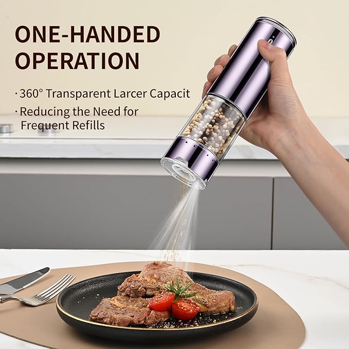 Rechargeable Salt & Pepper Grinder Set - Electric Automatic Grinder, Adjustable Coarseness, LED Light, One-Hand Operation, Stainless Steel & Acrylic, USB Charging, Purple (Set of 2)