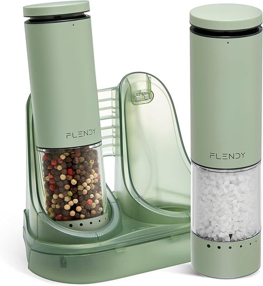 Flendy Electric Salt and Pepper Grinder Set Rechargeable, Automatic Salt and Pepper Grinder Set with Oversized Top Button, Stainless Steel Electric Salt and Pepper Shakers Set