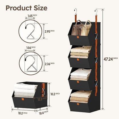 Homsorout Hanging Closet Organizer 4 Tier - Clothes Hanging Shelves, Space-Saving Closet System, Fabric Storage Bins Bedroom Organization, Collapsible Baskets for Home, Dorm, Rv, Black