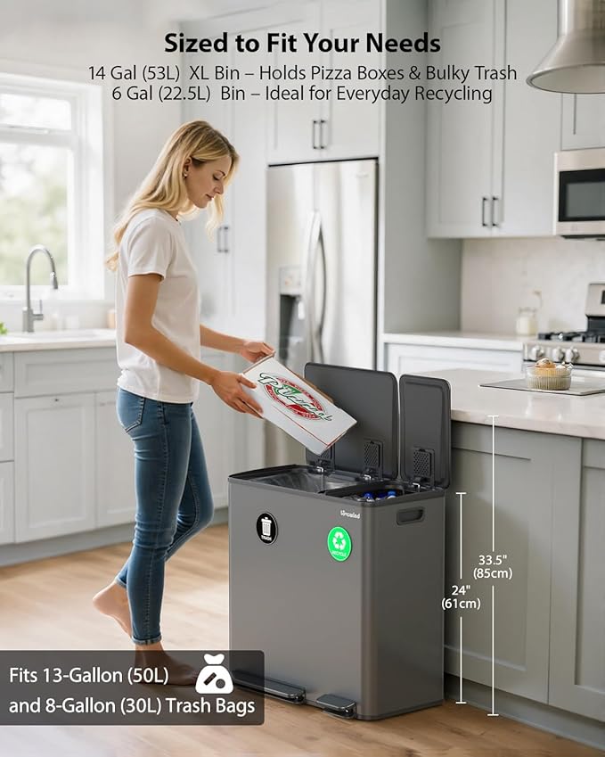 Lovewind Dual Trash Can, 14 + 6 Gallon Garbage Can for Kitchen Dual Compartment Recycling Kitchen Step Trash Bin, Stainless Steel Trash and Recycle Bin Combo with Soft-Close Lid, Grey - Image 2