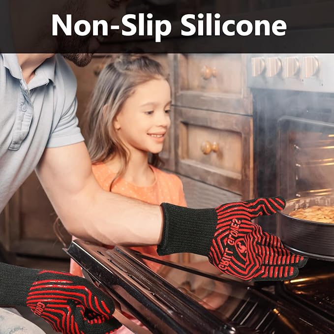 QUWIN BBQ Gloves, BBQ Accessories 1472℉ Extreme Heat Resistant, Grilling Gloves Silicone Non-Slip Oven Mitts, Kitchen Gloves for BBQ, Grilling, Cooking, Baking-1 Pair 11inch, Red - Image 4