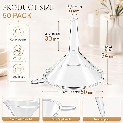 Hoolerry 50 Pcs Small Funnel for Filling Small Bottles Clear Plastic Mini Funnels for Lab Bottles Essential Oils Sand Art Bottle Skin Products Perfumes Spices (2.16'') - Image 2