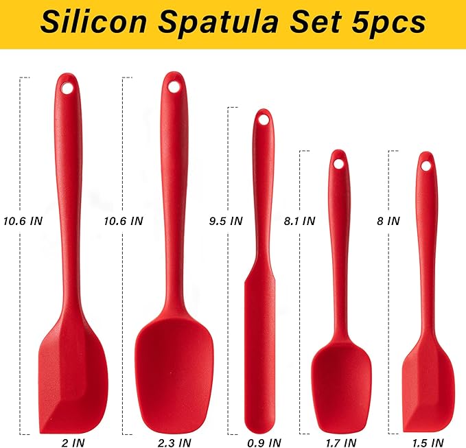 Silicone Spatula Set, 5 Piece Food Grade Rubber Spatulas for Baking, Cooking, and Mixing High Heat Resistant Non Stick Dishwasher Safe BPA-Free (RED) - Image 2