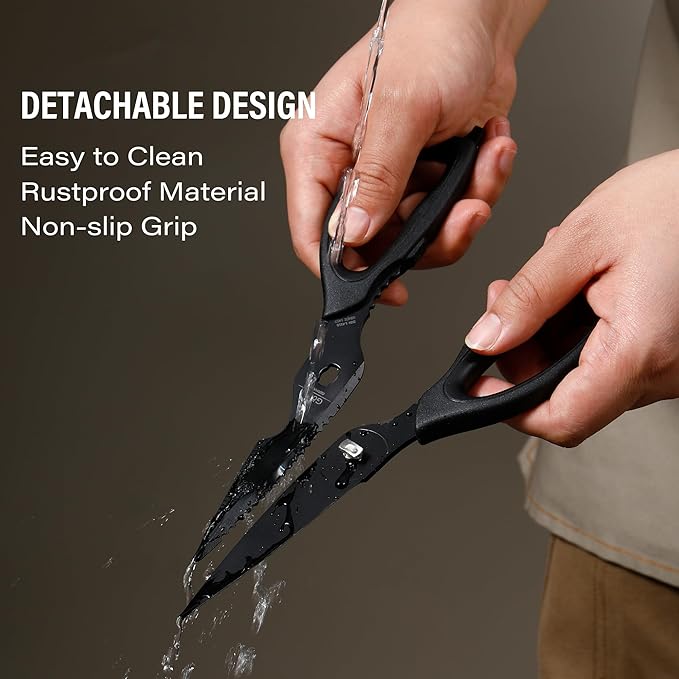 Kitchen Shears Come Apart Kitchen Scissors for Food Heavy Duty Chicken Bone Fish Nutcracker Can Opener Shears with Serrated Blade Premium Black Titanium Plated Stainless Steel 02A