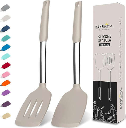 BakeRoyal Silicone Spatula Set - Turner Spatulas Silicone Heat Resistant 600°F - Slotted & Solid Spatula for Cooking Fish, Eggs, Pancakes Flipper – Spatulas for kitchen use – Mist by BAKEROYAL