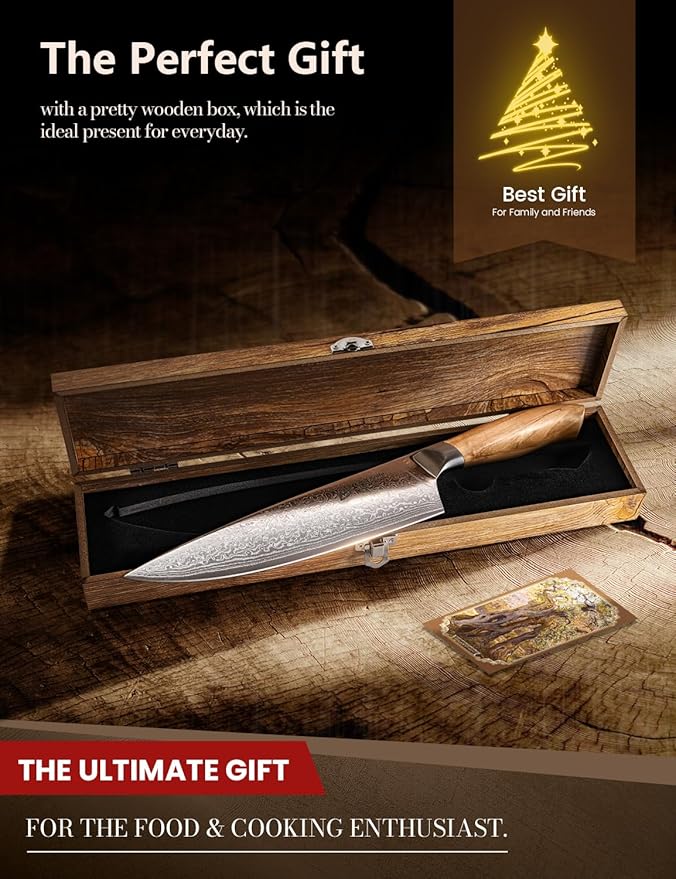 Damascus Chef Knife in Japanese Steel, 67-Layers Damascus Kitchen Knife with Wooden Gift Box and Original Olive Wood Handle, Cooking Knives for Home Kitchen Gift Idea - Image 7
