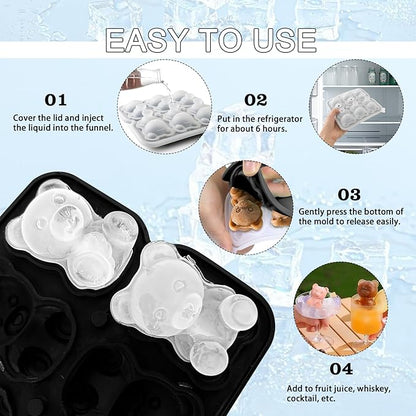 3D Bear Ice Cube Mold, Large Ice Cube Tray with Lid for Cocktail Whiskey Bourbon, Teddy Bear Ice Cube Trays for Freezer Fun Shape, Big Ice Molds Cute Candies Chocolate Mold, Black