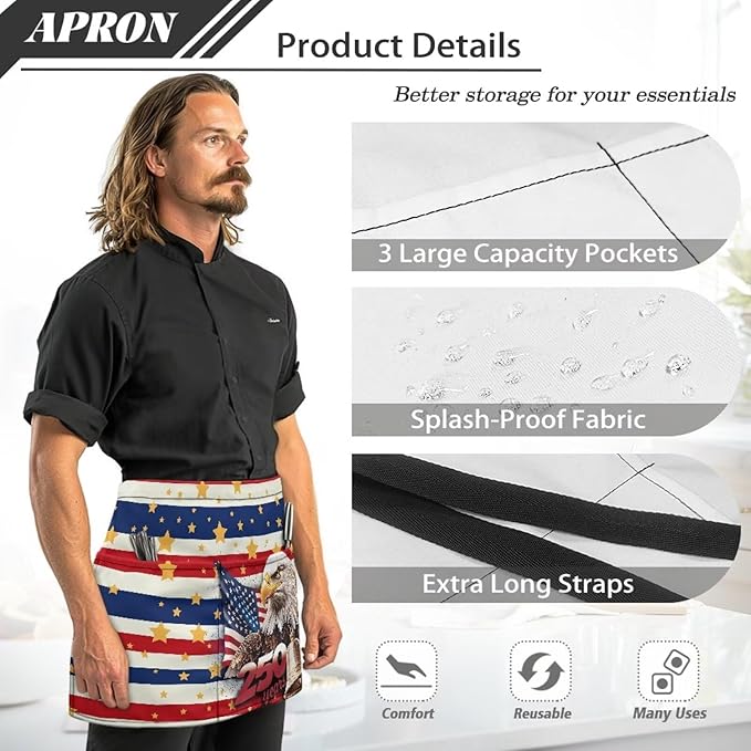 Server Apron with 3 Pockets, Waterproof Oil Waitress Waiter Half Apron for Restaurant Hotel Kitchen Cafe