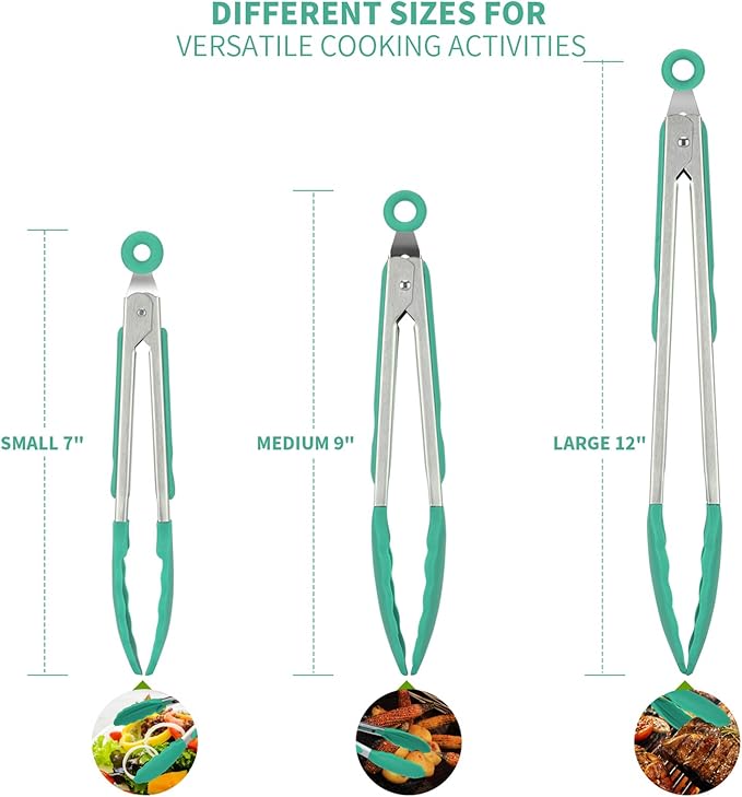 Kitchen Tongs, U-Taste 7/9/12 inches Cooking Tongs, with 600ºF High Heat-Resistant Non-Stick Silicone Tips, 18/8 Stainless Steel Handle, for Food Grill, Salad, BBQ, Frying, Serving, Pack of 3(Teal) - Image 2