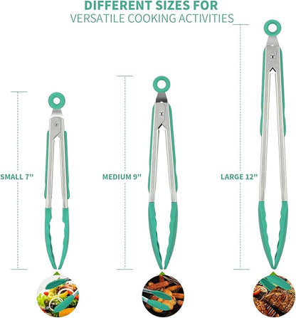 Kitchen Tongs, U-Taste 7/9/12 inches Cooking Tongs, with 600ºF High Heat-Resistant Non-Stick Silicone Tips, 18/8 Stainless Steel Handle, for Food Grill, Salad, BBQ, Frying, Serving, Pack of 3(Teal) - Image 2