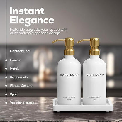 Luxury Glass Hand and Dish Soap Dispenser Set by Brighter Barns - Kitchen Soap Dispenser Set with Tray for Kitchen Sink - White and Gold Home Accessories & Decor for Restaurants, Airbnb, Gift (Gold) - Image 2