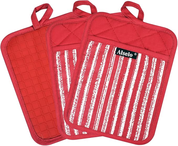 Alselo Silicone Pot Holders Set of 3 Heat Resistant & Non Slip Potholders, Professional Oven Hot Pads with Pockets Mitts for Kitchen Cooking Baking Barbecue (3, Red) - Image 8