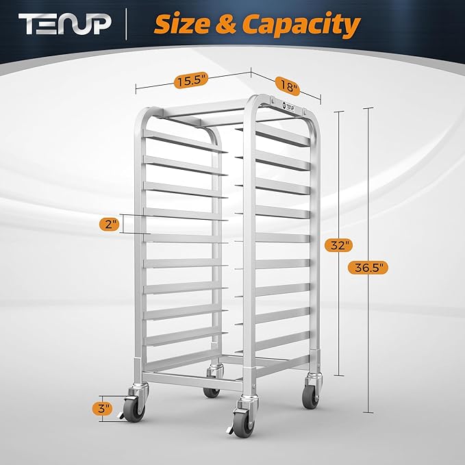 TenUp 10-Tier Half Size Sheet Pan Rack, Heavy-Duty Aluminum Bakery Rack with Wheels – Commercial Cooling & Storage Cart – 18" L x 15.5" W x 36" H - Image 2