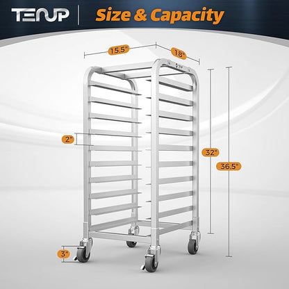 TenUp 10-Tier Half Size Sheet Pan Rack, Heavy-Duty Aluminum Bakery Rack with Wheels – Commercial Cooling & Storage Cart – 18" L x 15.5" W x 36" H - Image 2