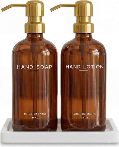 Luxury Glass Soap and Lotion Dispenser Set with Tray by Brighter Barns - Hand Soap Dispenser Bathroom Set w/Stainless Steel Pump - Gold Bathroom Decor for Guest House, Airbnb, Spa, Gift (Amber/Gold) by BrighterBarns