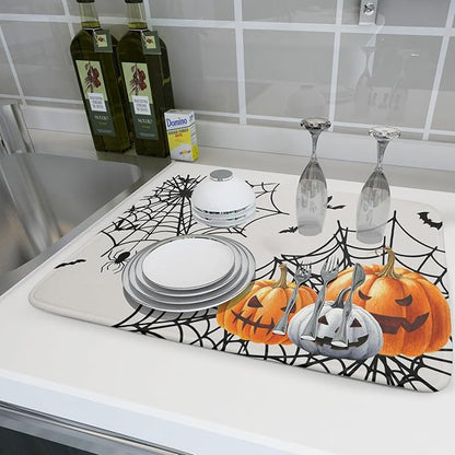 Giwawa Happy Halloween Dish Drying Mat 18"x24" Spooky Colorful Pumpkins Decorative Dish Drainer Mats Horrible Spider Web Bats Reversible Dish Drying Pad for Kitchen Countertop Dining Room