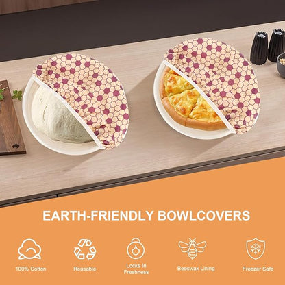 Reusable Bowl Covers for Bread Proofing（2 Large）- Cotton Beeswax Bowl Covers Reusable with Elastic Rim, Sourdough Bowl Cover for Food Storage and Food Preservation (10INCH) (honeycomb)