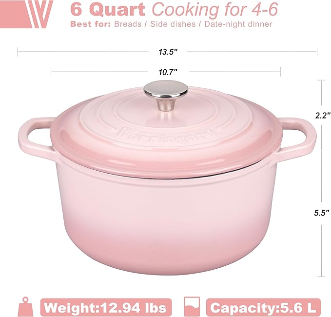 VORRINGARD Enameled Cast Iron Dutch Oven Pot with Lid, for Sourdough Bread Baking, Round Dutch Ovens, 6 Quart, Pink - Image 2