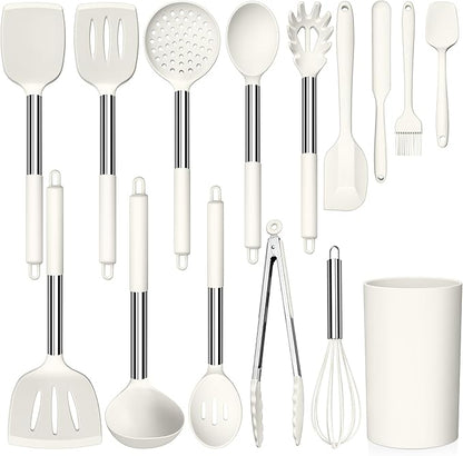 LIANYU 15 Pcs Cooking Kitchen Utensils Set with Holder, Silicone Kitchen Gadgets with Stainless Steel Handle, Heat Resistant Spatula Tools, Brush Spoon Tong Whisk Ladle Turner for Cookware, White by LIANYU