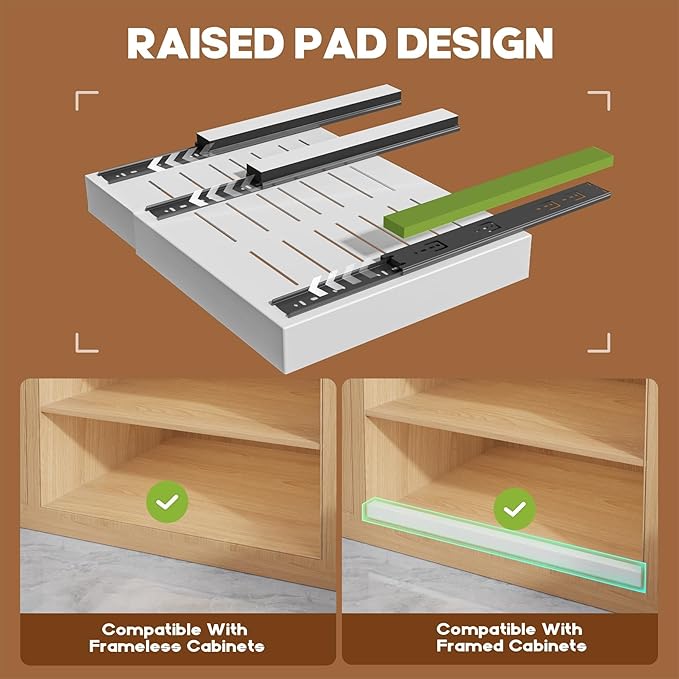 Seinloes 2 Pack Expandable (15.1"-26.3") Pull Out Cabinet Organizer 21" Deep With Raising Pad for Framed Cabinets,Upgrade 3 Slide Rails Slide Out Drawers,No Drill Roll Out Shelves Adhesive,White - Image 2