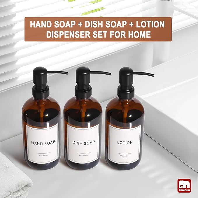 GMISUN Shampoo and Conditioner Dispenser, 3 Pack Amber Glass Bathroom Shampoo Conditioner Body Wash Dispenser with Pump for Shower, 17 Fl Oz Hand Soap Dish Soap and Lotion Dispenser Set for Kitchen - Image 6