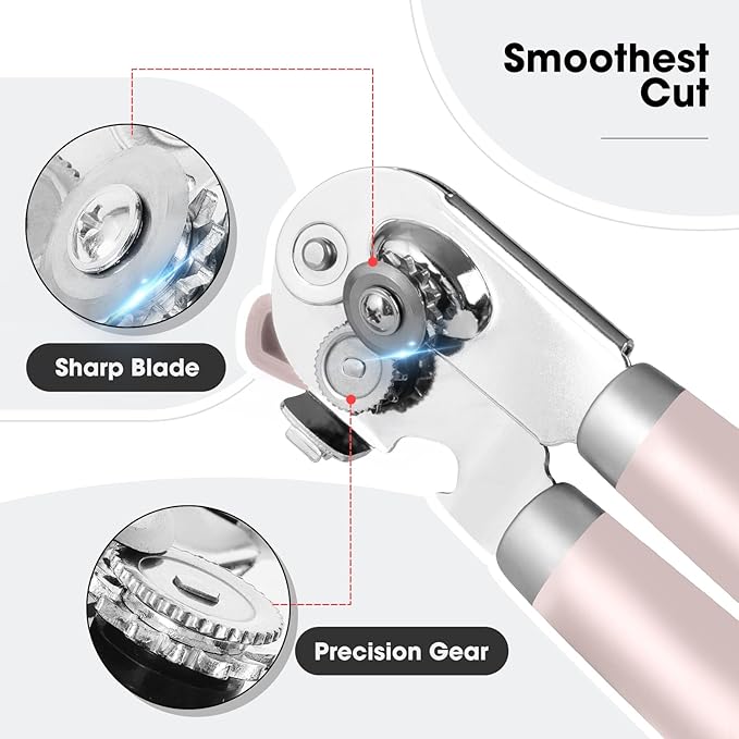Beneno Heavy Duty Hand Can Opener Manual with Magnet, Durable Sharp Carbon Steel Blade Smooth Cutting, Big Effort-Saving Knob & Soft Grip Handle, Multifunctional Bottle Opener, Light Pink - Image 3