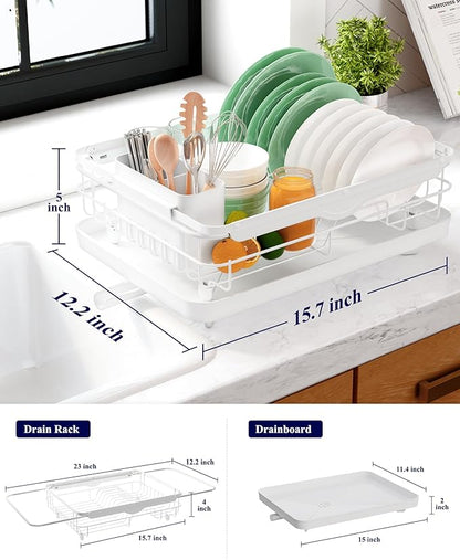 Kitsure Dish Drying Rack for Kitchen Counter, Stainless Steel Sink Organization and Storage Essentials with Cutlery Holder, Home and Appartment Decor, 12.2''W x 15.7''~23''L, White - Image 2