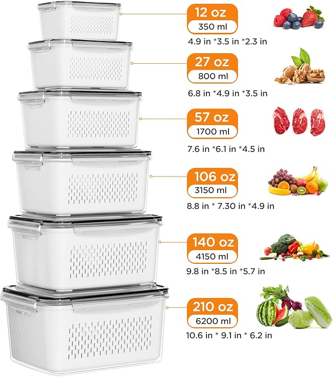 6 PCS Fruit Storage Containers for Fridge with Removable Colanders, 6 Plastic Food Storage Containers with 6 Lids, Leakproof Produce Containers Keep Fruits, Vegetables, Berry, Meat Fresh Longer - Image 3