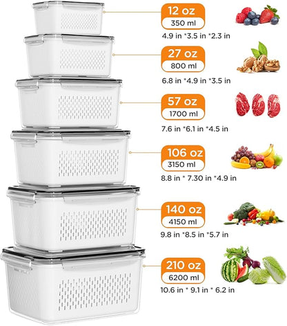 6 PCS Fruit Storage Containers for Fridge with Removable Colanders, 6 Plastic Food Storage Containers with 6 Lids, Leakproof Produce Containers Keep Fruits, Vegetables, Berry, Meat Fresh Longer - Image 3