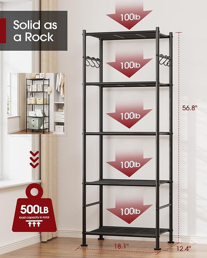 Sakugi Storage Shelves - 5-Tier Large Capacity Shelf Organizer with Hooks, Heavy-Duty Garage Shelving with Leveling Feet, Wobble-Free Rack for Bedroom, Balcony, Garage, 18.1"×12.4"×56.8", Black - Image 3