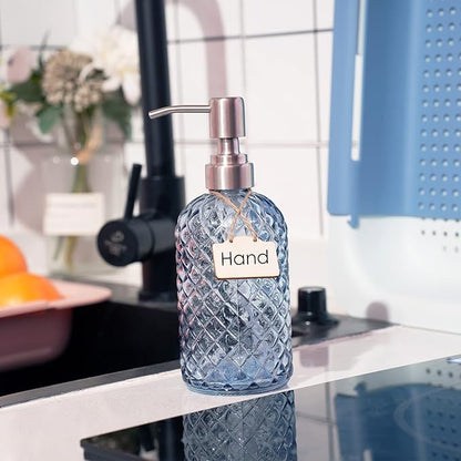 16 oz Diamond Pattern Glass Soap Dispenser, Kitchen and Bathroom Refillable Soap Dispenser with Rust Resistant Stainless Steel Pump for Hand Soap, Lotion Glass Liquid Dispenser (Blue) - Image 2