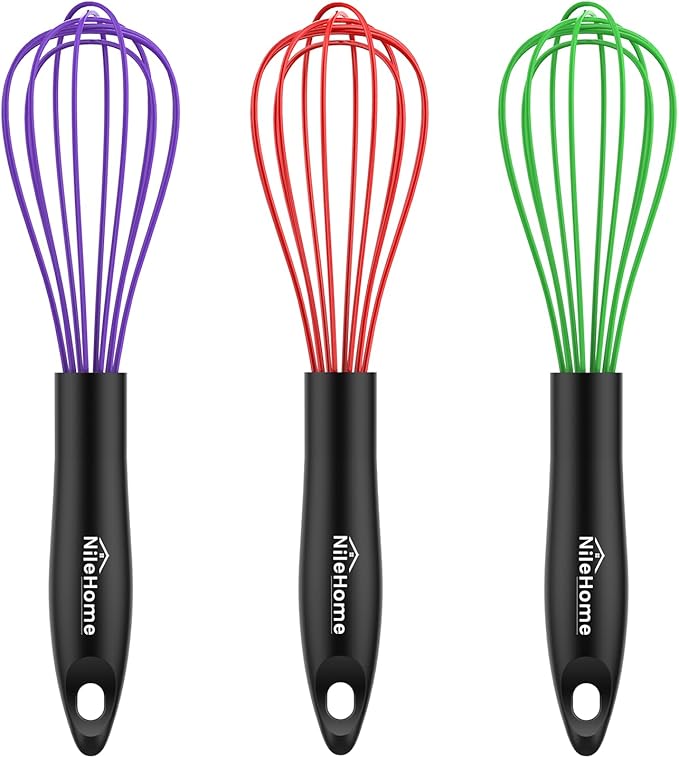 NileHome Silicone Whisk Set, 3 Pack Kitchen Whisk 10" Kitchen Wisk Wire Whisks for Cooking, Whisking, Blending, Beating, Stirring-Multicolor by NileHome