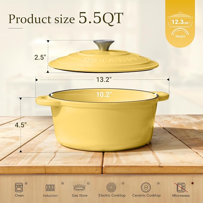 Overmont Enameled Cast Iron Dutch Oven - 5.5QT Pot with Lid Cookbook & Cotton Potholders - Heavy-Duty Cookware for Braising, Stews, Roasting, Sourdough Baking Goose Yellow - Image 5