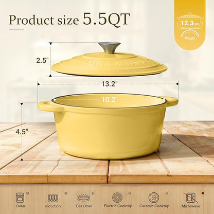 Overmont Enameled Cast Iron Dutch Oven - 5.5QT Pot with Lid Cookbook & Cotton Potholders - Heavy-Duty Cookware for Braising, Stews, Roasting, Sourdough Baking Goose Yellow - Image 5