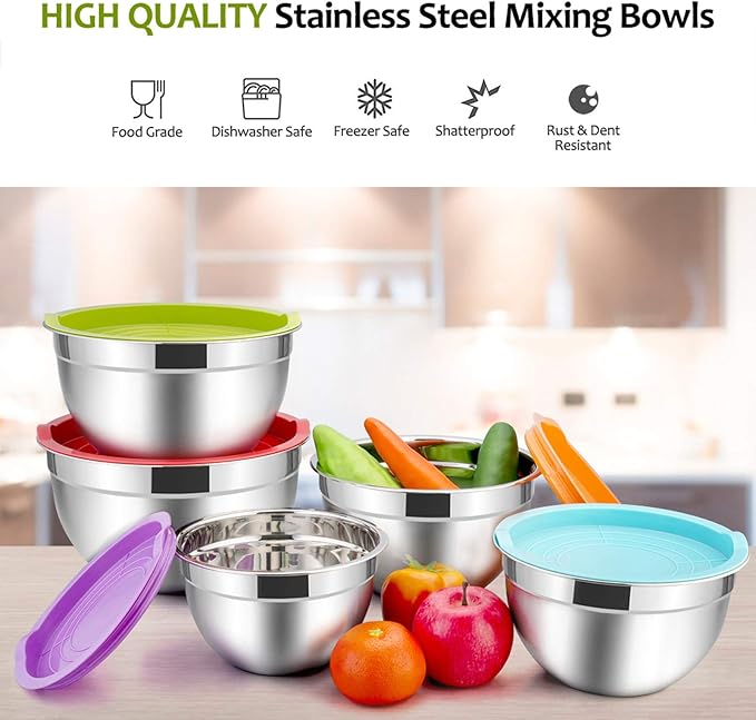 E-far Mixing Bowls with Lids Set of 5, Stainless Steel Mixing Bowls Metal Nesting Bowls with Airtight Lids, Non-toxic & Dishwasher Safe, Great for Cooking, Baking, Serving - Size 0.7/1/1.5/3/4.6QT - Image 2