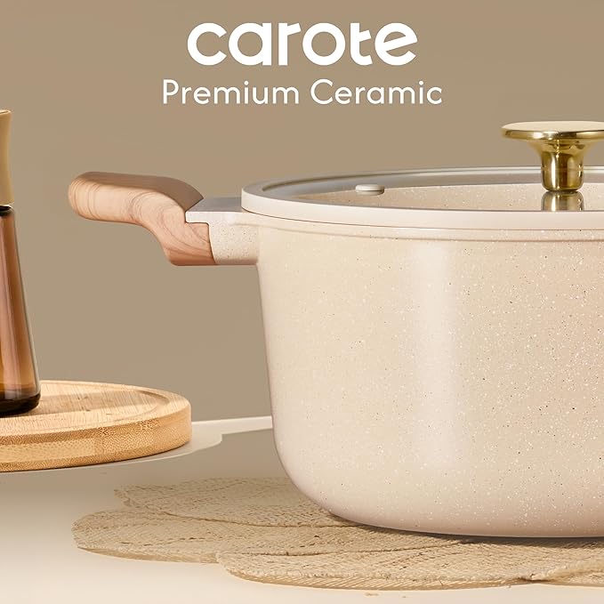 CAROTE 5 Qt Nonstick Stock Pot with Lid Soup Pot, Ceramic 5 Quart Casserole with Lid, Easy to Clean Non Stick Cooking Pot Cookware PFOA Free, Ceramic Oatmeal - Image 4