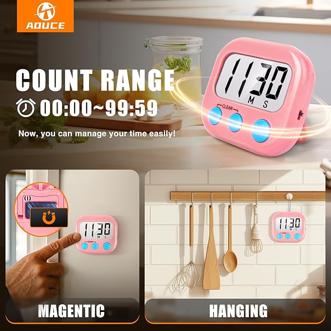 6 Pack Kitchen Timers Loud Ring Digital Timers for Cooking Magnetic Pink - Image 3