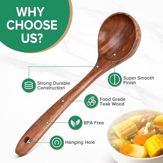 Wooden Spoons for Cooking,2 Pcs Wooden Utensil Set of Soup Ladle &Spaghetti Pasta Spoon with Teeth, Teak Wood Soup Ladle&Slotted Pasta Fork Strainer Spoon Set for Serving Collecting Noodle Gravy Sauce - Image 3