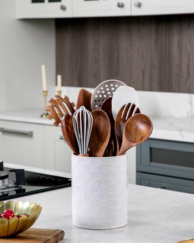 Nucookery 6.4'' Utensil Holder - Ceramic Utensil Holder for Kitchen Counter, Large Capacity Countertop Storage, Farmhouse Style Utensil Crock Organizer for Spoons, Spatulas & Cooking Tools - Image 4