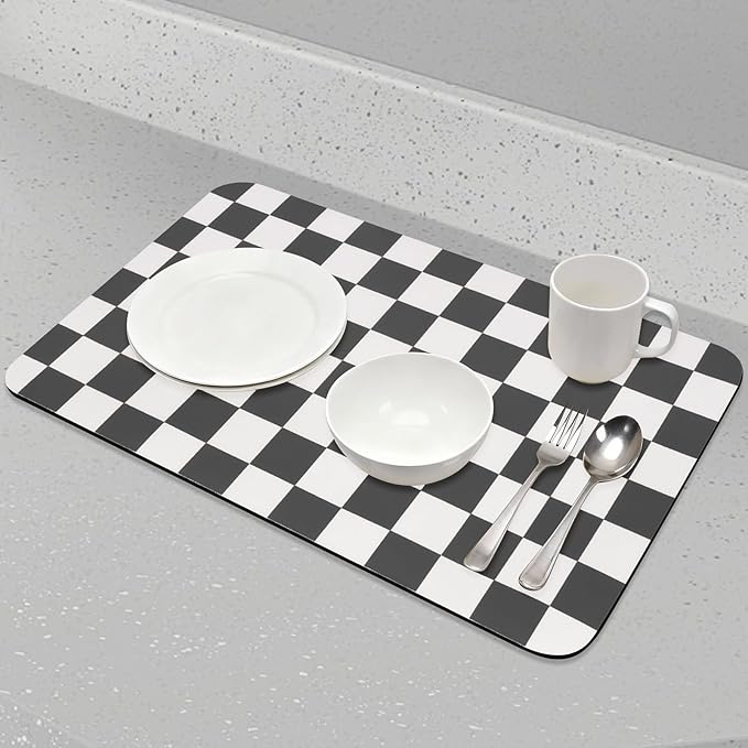 CooRug Checkered Dish Drying Mat for Kitchen Counter, Absorbent Non-Slip Coffee Mat, Heat Resistant Mat for Countertops Coffee Bar Decor 12" x 20" Black - Image 5