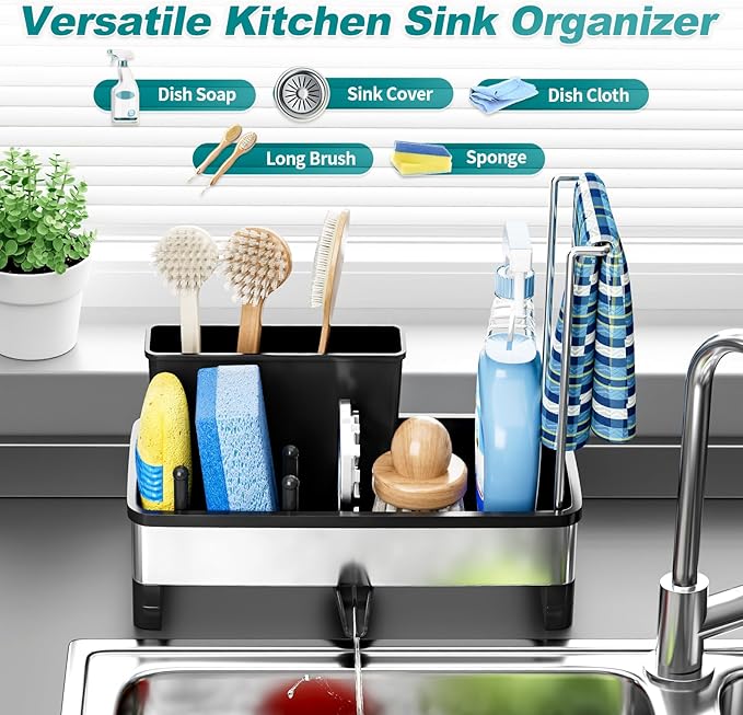 Ewaiira Stainless Steel Sink Caddy, Sponge Holder for Kitchen Sink with Brush Holder and Towel Rack, Sink Organizer for Countertop, Soap Dispenser Kitchen Organizers Storage Essentials, Black 9.8″ - Image 3