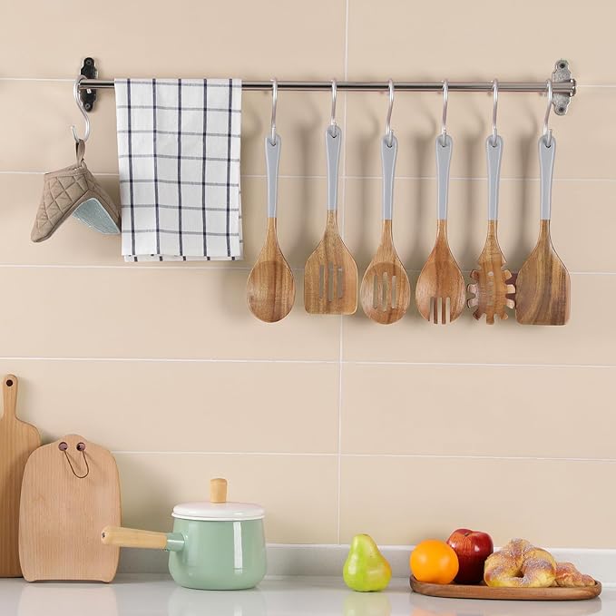 Wooden Spoons For Cooking, 6 Pieces Natural Acacia Wooden Cooking Utensils or Non-Stick Wooden Kitchen Utensil Set for Kitchen Essentials, Wood Cooking Utensils Set with Hanging Hole, Grey - Image 5