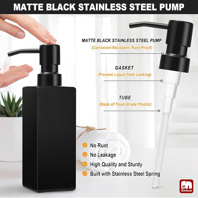 GMISUN Kitchen Soap Dispenser Set, Hand and Dish Soap Dispensers Set, Black Liquid Soap Dispenser with Tray, Refillable Dish Dispensers for Kitchen, Glass Soap Bottles with Stainless Steel Pump - Image 3