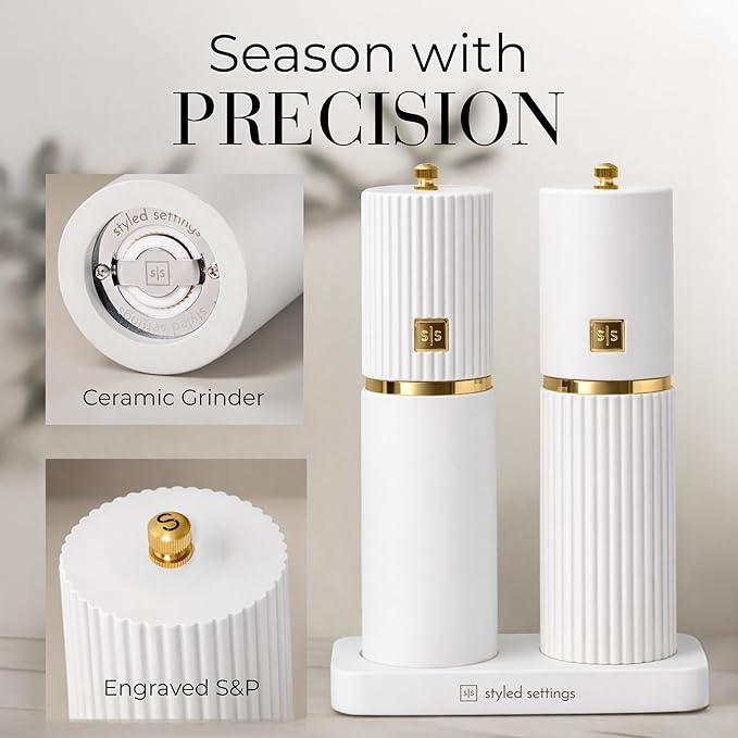 Wooden Salt and Pepper Grinder Set – Refillable Manual Salt and Pepper Mills with Adjustable Ceramic Burrs, Gold Detailing, and Wood Stand – White - Image 3