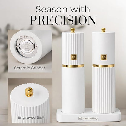 Wooden Salt and Pepper Grinder Set – Refillable Manual Salt and Pepper Mills with Adjustable Ceramic Burrs, Gold Detailing, and Wood Stand – White - Image 3